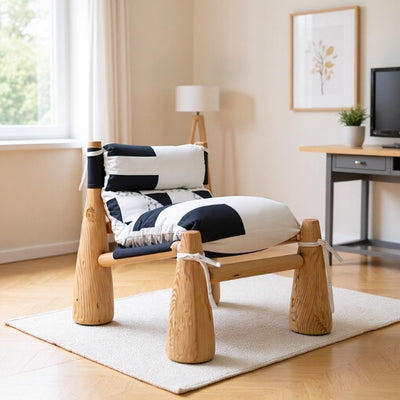 Vintage solid wood designer baseball chair - striped fabric accent chair for living room, single seater leisure chair, atmospheric sofa chair