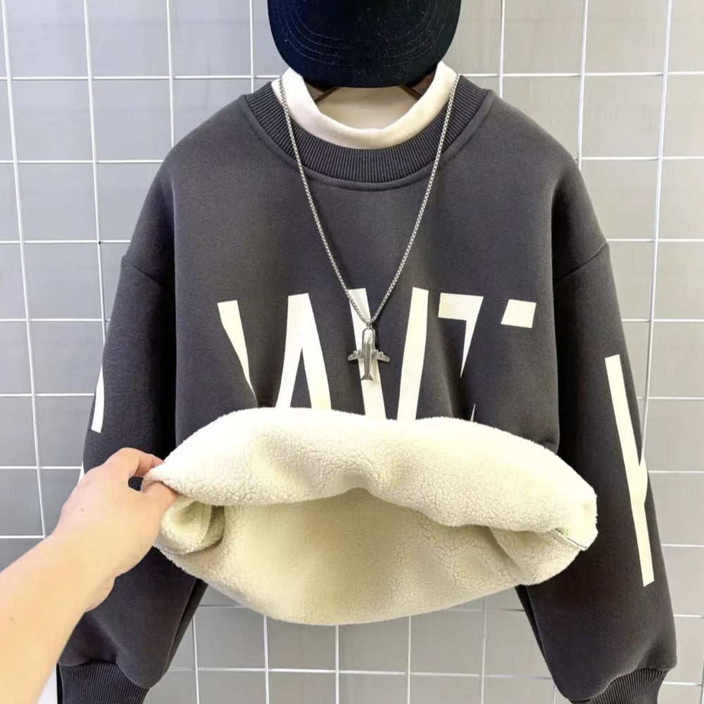 winter new arrival: mid-to-large size children's fleece-lined, extra-thick letter print trendy sweatshirt - boys' warm and cold-proof pullover