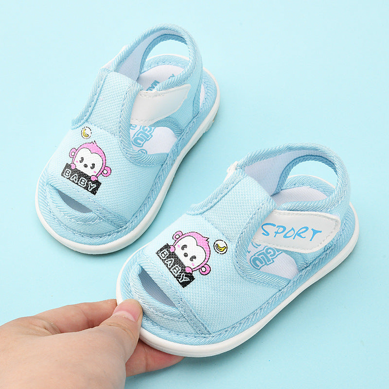 Baby cloth sandals for boys, summer, ages 0-1-2-3 years, infant anti-slip soft sole squeaky shoes, girls' first walker shoes, baby shoes