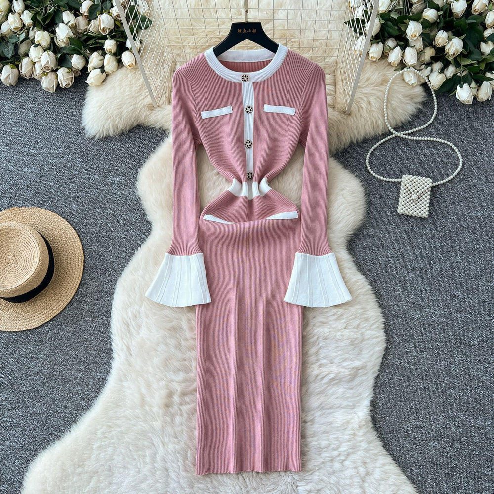 Xiaoxiangfengclassy contrast color bell sleeves knittingdress women's autumn wear new arrival tight hip covering sweater skirt