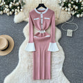 Xiaoxiangfengclassy contrast color bell sleeves knittingdress women's autumn wear new arrival tight hip covering sweater skirt