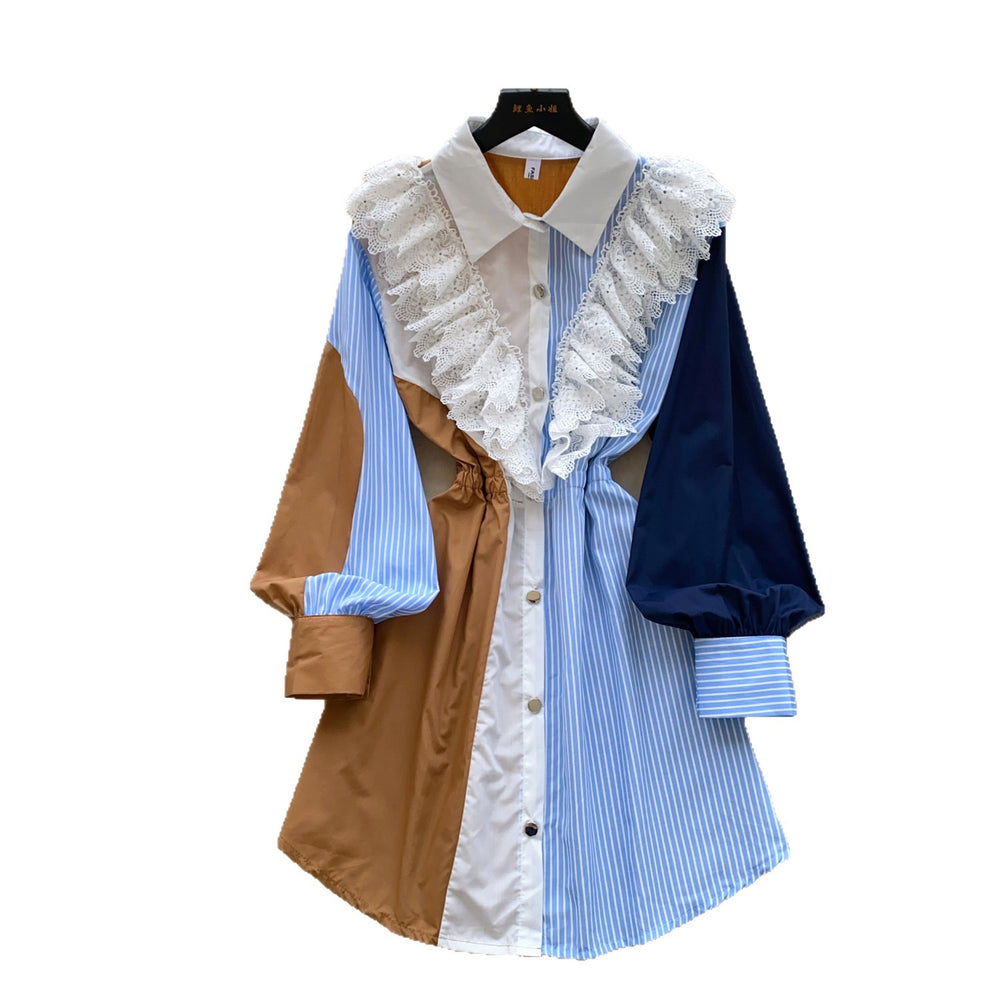 Vintage patchwork two-piece look shirt dress - women's summer long sleeve striped cinched waist midi work dress