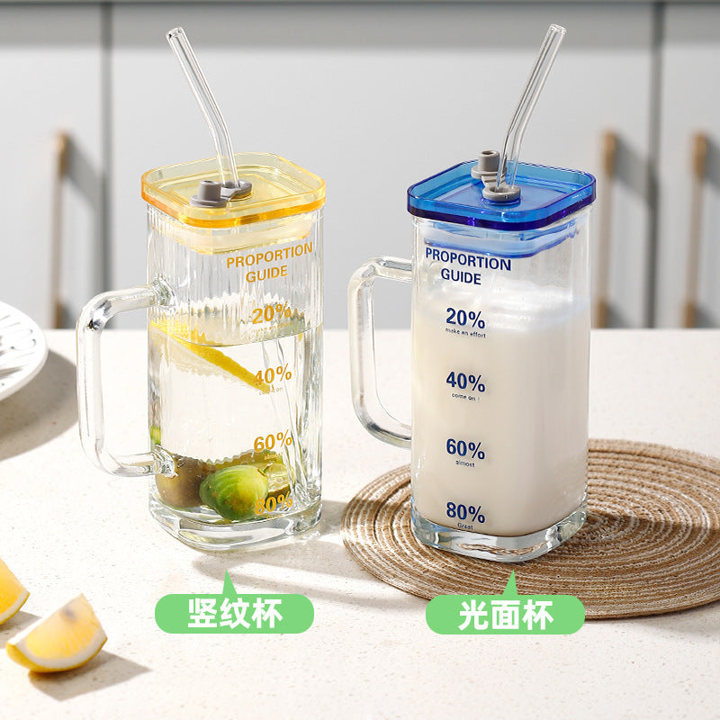 Square glass light luxury with bamboo cover juice cold drink cup household straw cup high value fruit teacup activity gift