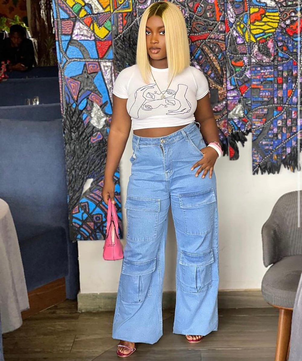 Fashionexport women's clothing  street trendy washed high waistjeans large flap pocket pantsloosecasualstraight-leg pants