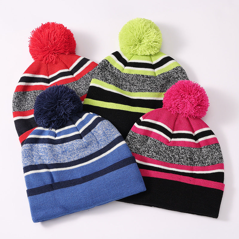 Aozhe, children's autumn and winter wool hats, boys and girls striped hairball warm knitted hats, European and American Christmas gifts
