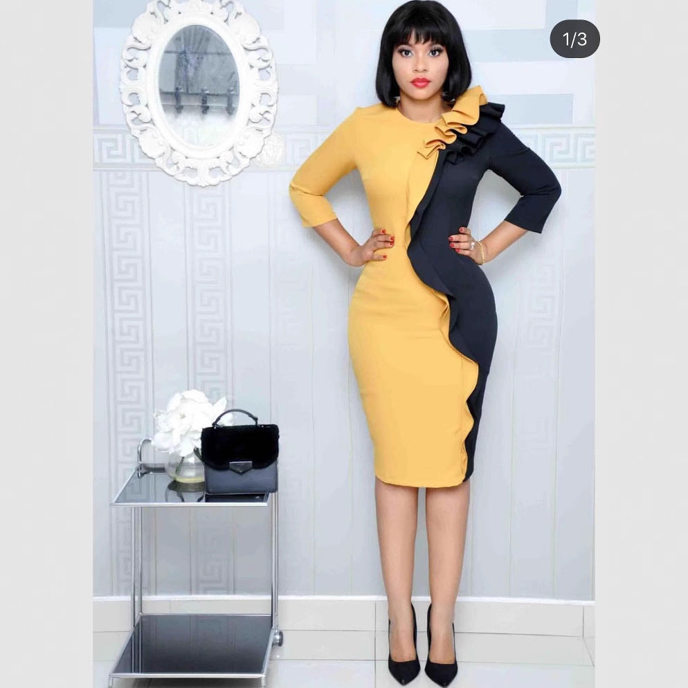 supply  modified  african plus size women's clothing two-color patchwork chest pleated long-sleeved dress