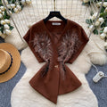 Commute style v-neck single-breasted vest - women's outerwear with embroidered floral accents - brown vest - autumn  - premium quality