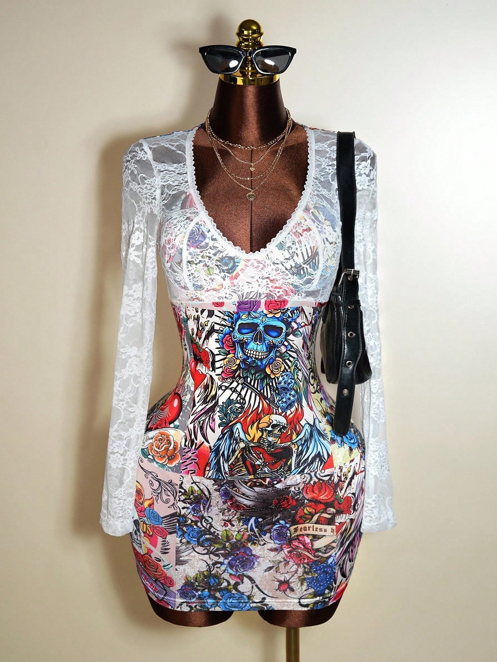 new european and american  lace patchwork v-neck printed sexy bodycon dress - unique style