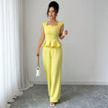 fashion  summer new arrival square neck rufflessuit waist sleeveless tops loose pants two-piece set