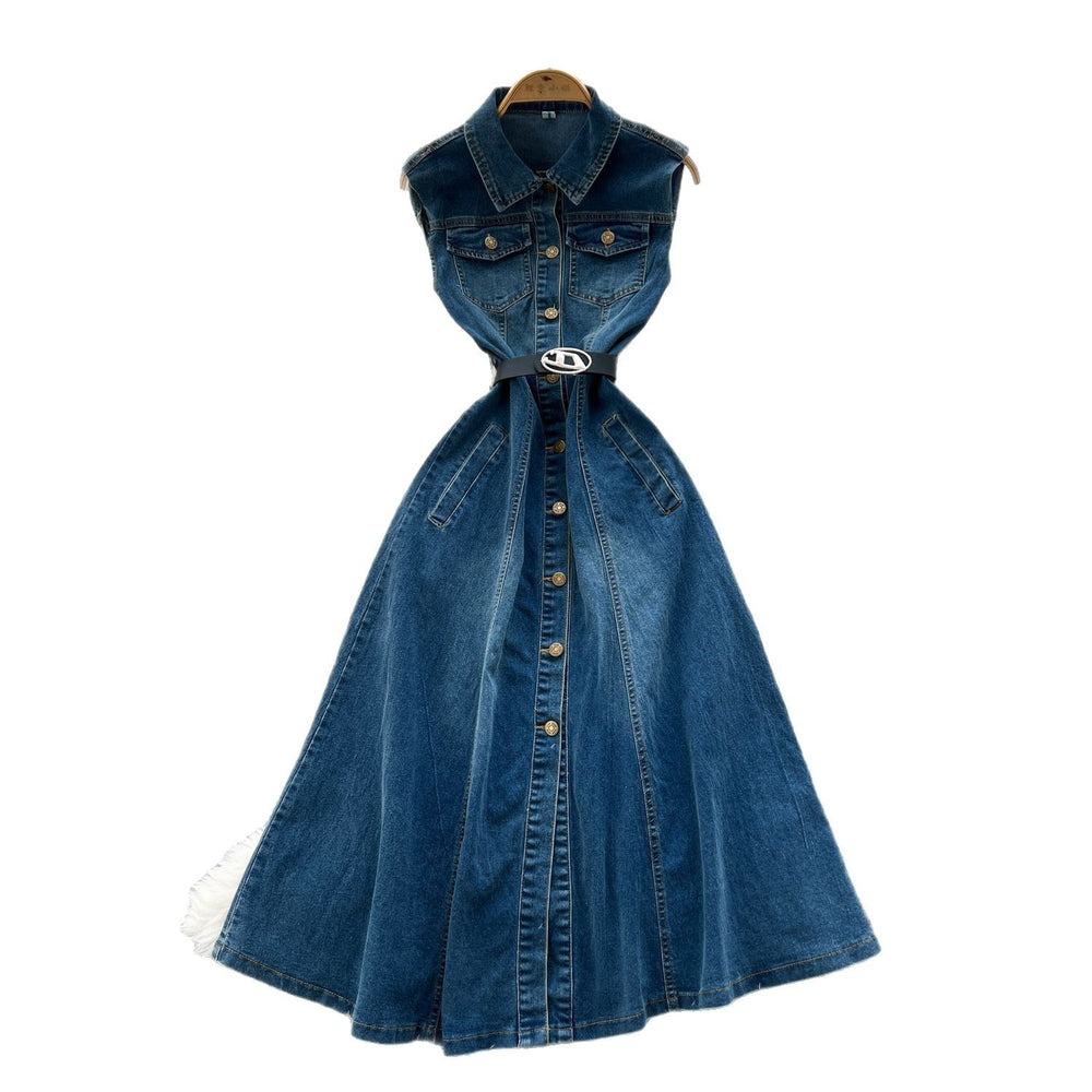 K-styleclassy lapel sleeveless single-breasted waist denim dress women's summerslimming lookelegantcasual long skirt