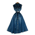 K-styleclassy lapel sleeveless single-breasted waist denim dress women's summerslimming lookelegantcasual long skirt