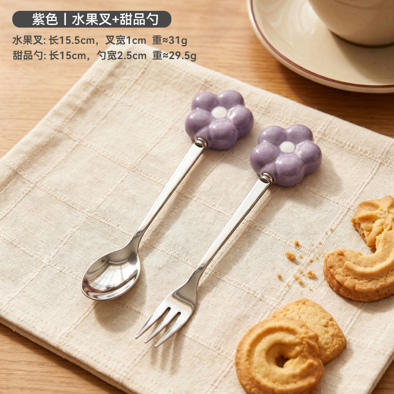 Creative sunflower stainless steel fruit fork desktop decoration ornament ceramic handle spoon exquisite afternoon tea fork wholesale
