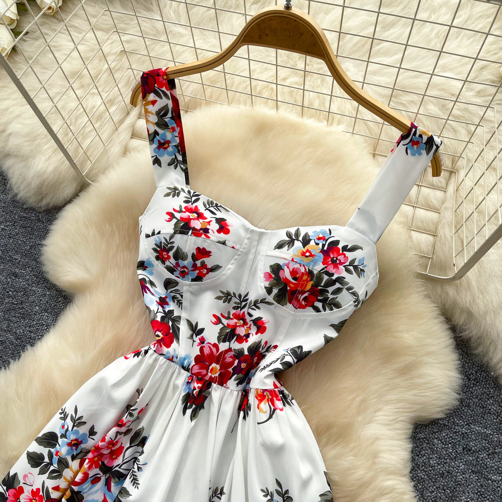 French sleeveless printed camisole dress - women's summer high-waisted slimming a-line maxi dress - chic and elegant