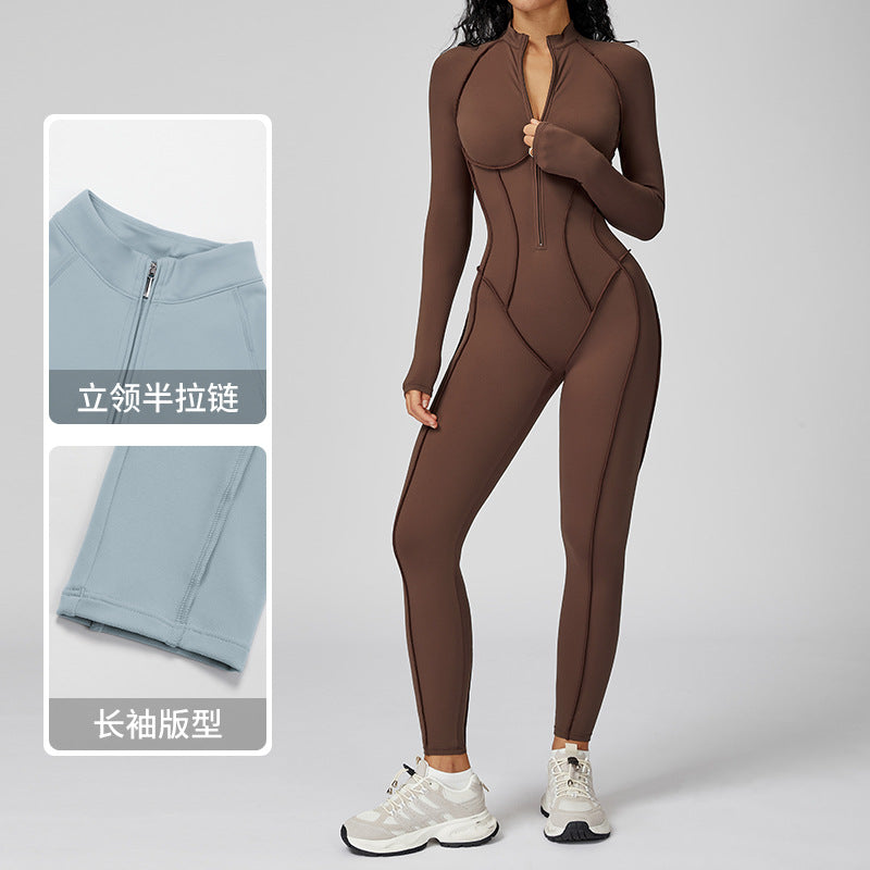 color block stand collar jumpsuit half-zip one-piece activewear women's high-intensity workout yoga suit 9326