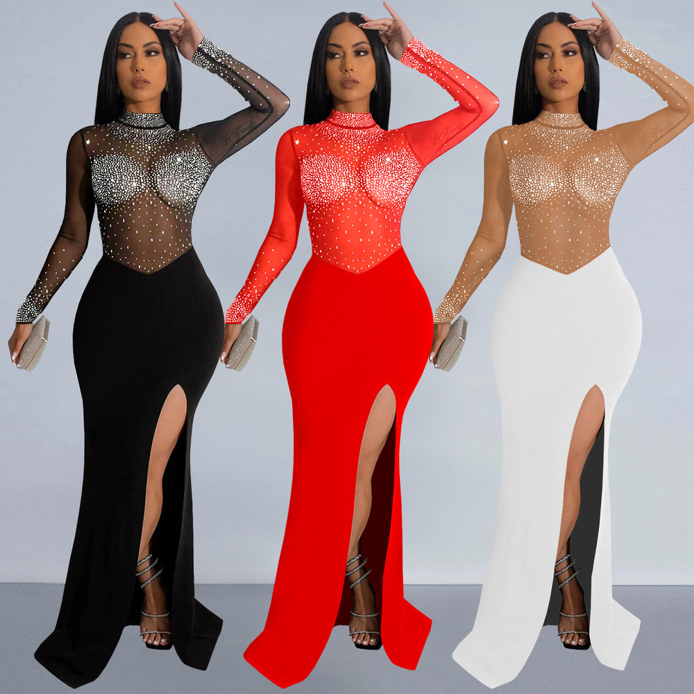 C7330 cross-border   fashion women's sexy see-through mesh rhinestone slit dress