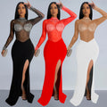 C7330 cross-border   fashion women's sexy see-through mesh rhinestone slit dress