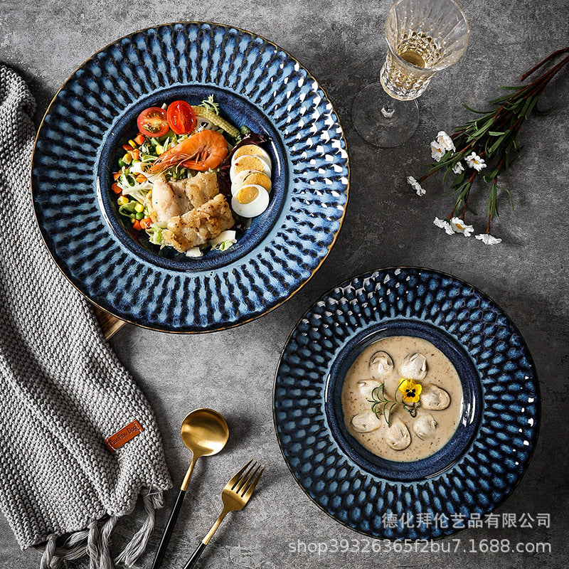 Japanese kiln-turned-beautiful western food plate, household polka dot creative tall spaghetti plate, soup plate, dessert plate