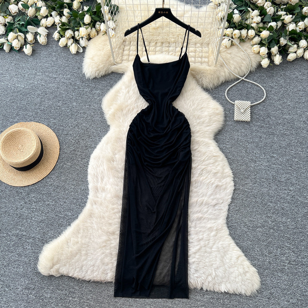 Accessible luxury red suspender mesh breathable dress female k-style sleeveless waist slimming look long skirt classy sense of commuting