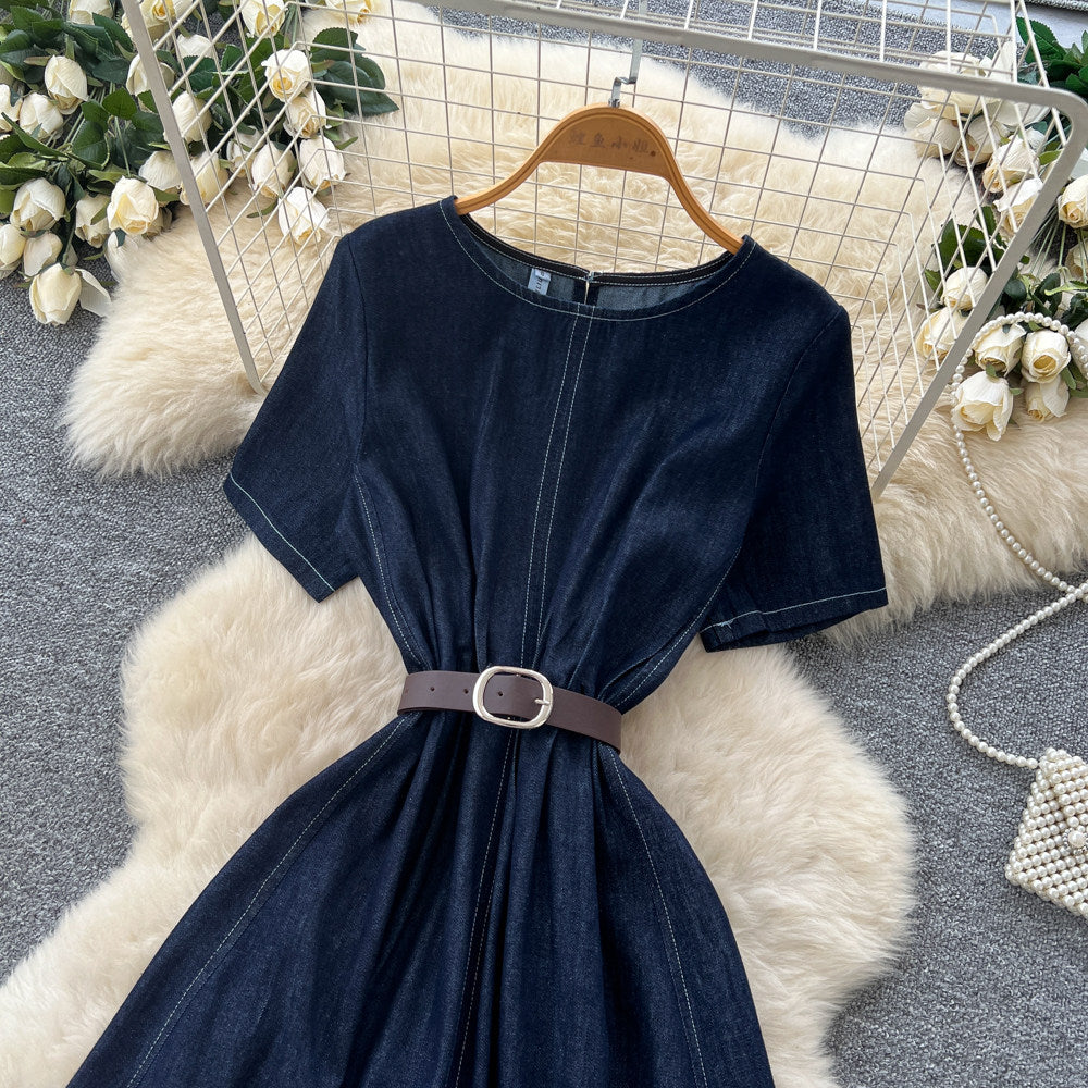 Korean style commute denim short-sleeve dress -  summer, elegant, versatile, high-waisted, cinched waist a-line skirt