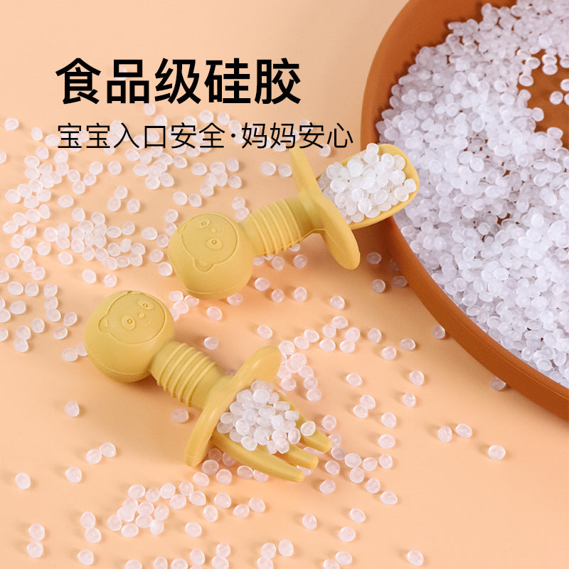 Food grade silicone fork and spoon baby learning to eat training licking spoon short handle silicone complementary food spoon mini baby soft spoon