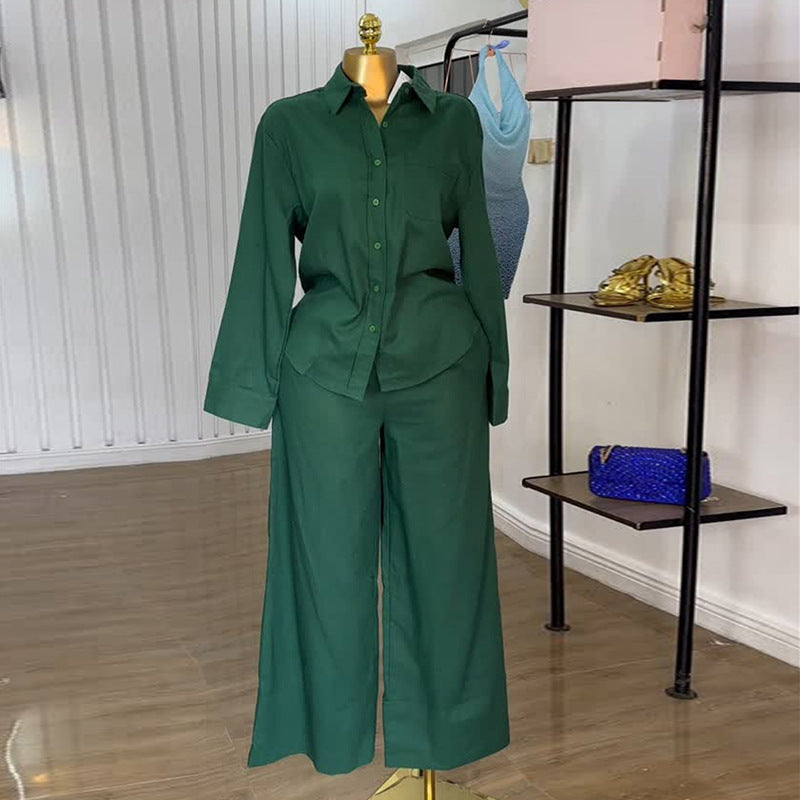 European and american cross-border women's fashion:  autumn new collection - stylish green turn-down collar long sleeve shirt and wide-leg pants casual set