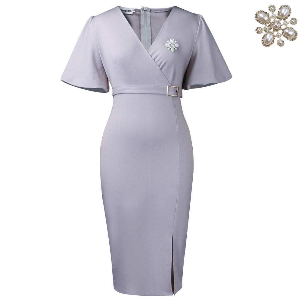 C8633 african foreign trade women's  lantern sleeve summer v-neck fashion bodycon slit midi dress