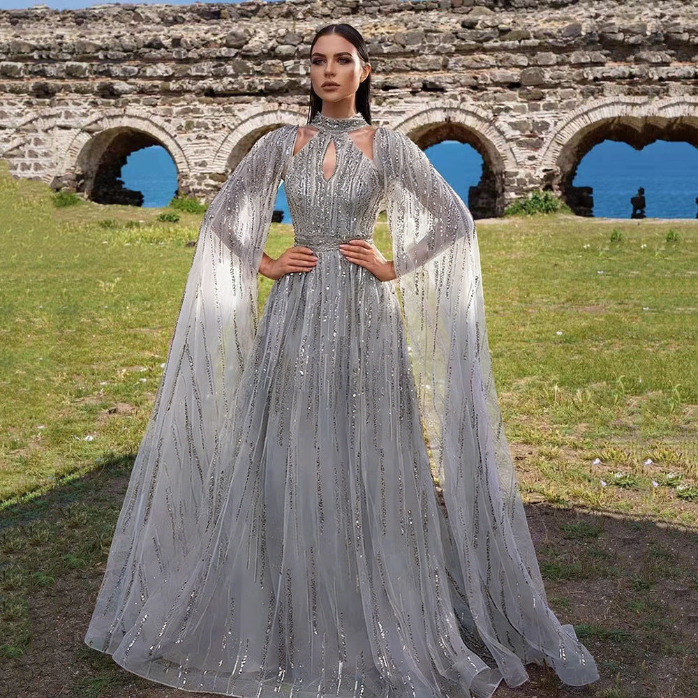 new spring/summer cross-border fashion: european and american style elegant mesh maxi dress with tassel and sequin evening gown