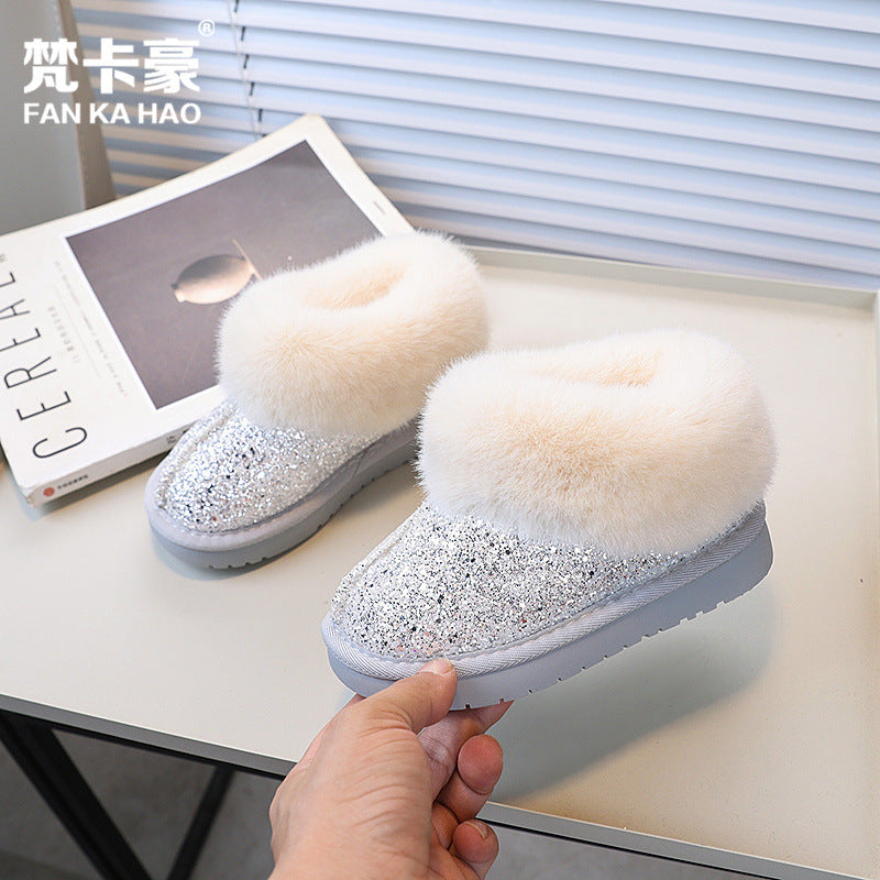 Vancahao girls' fur-lined snow boots -  winter new collection - kids' thickened, plush-lined cotton shoes with sequin ankle boots