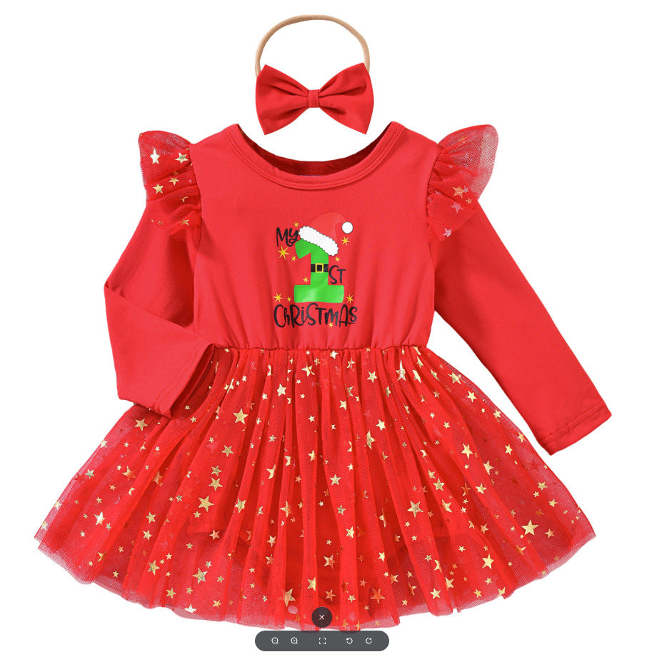 Baby girl christmas party outfit long sleeve patchwork mesh romper dress