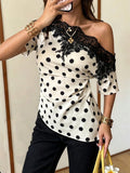 fashionsummernew arrival polka dot lace shoulder tops off-shoulder short sleeve looseslimming lookt-shirt