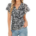 Amazon fashion ruffles sleeve formal casualshirt women's  summer new printing v necktops