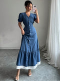European and american   summer gentle first love style slim fit button-down waist-defining lace-trimmed maxi dress