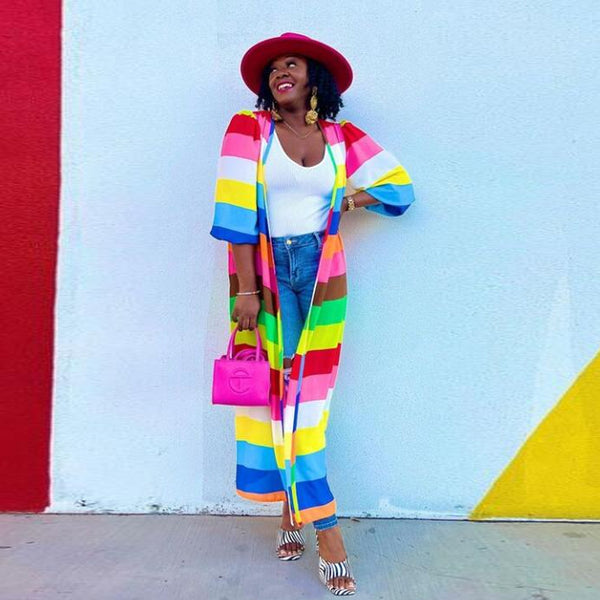 S10505 sexy, European and American, large size positioning printing rainbow color long elegant cardigan jacket