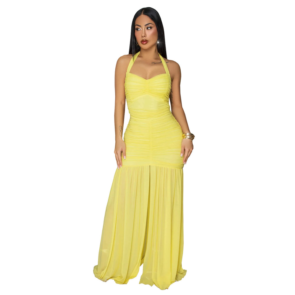C7656 cross-border   fashion women's elegant solid color bodycon slit dress