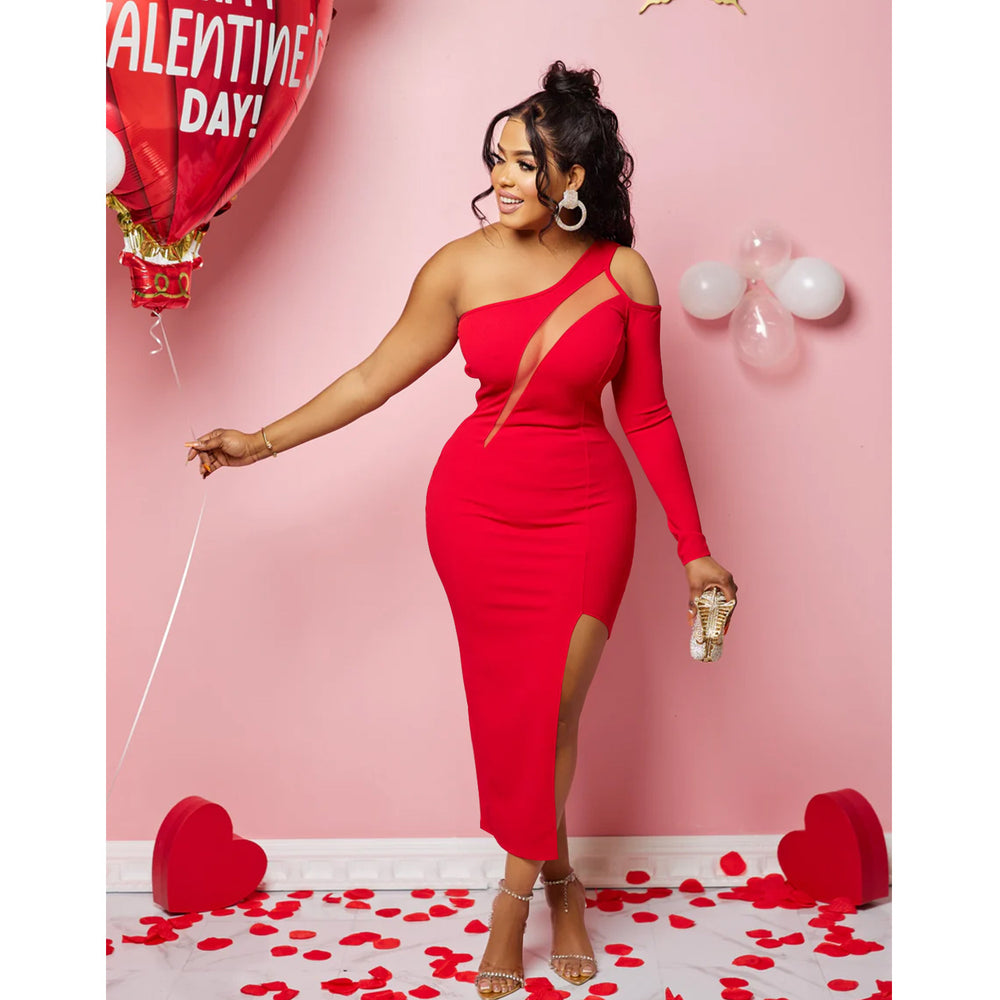 X6286   fashion women's solid color one-shoulder mesh single long sleeve maxi dress