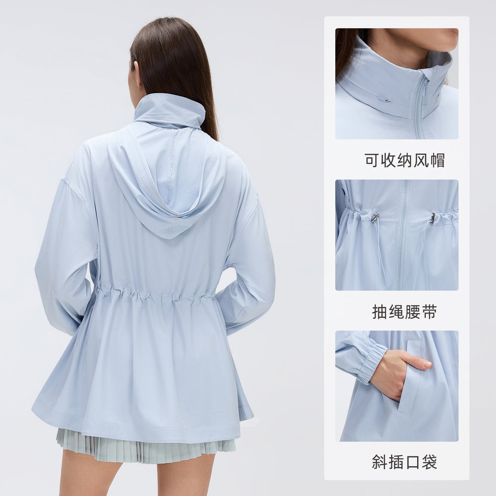 Storable hooded stand-up collar sports outwear women's drawstring waist slimming look medium longcardigan zipper jacket d26066
