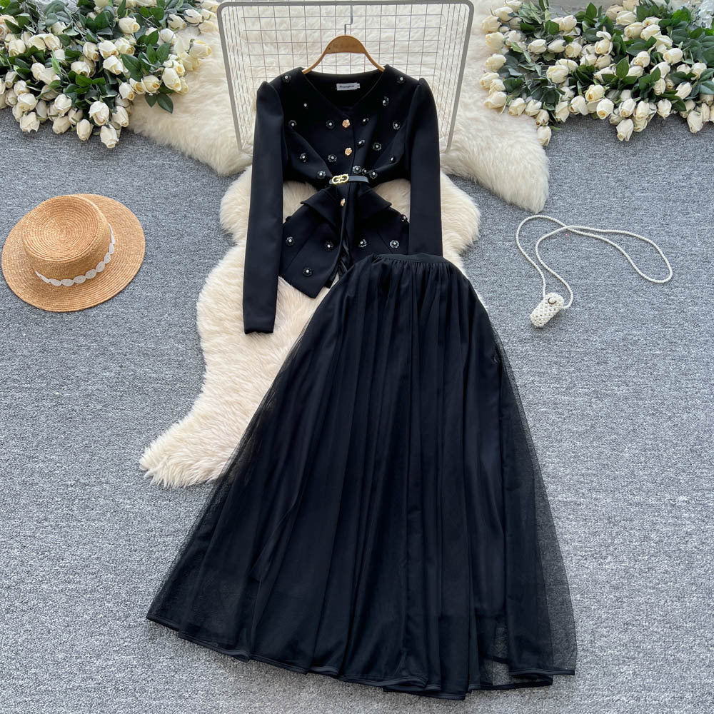 fashionspring & fallelegancesuit women's metal nail diamond long sleeves suit outwear + high waist mesh half length skirt