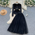 fashionspring & fallelegancesuit women's metal nail diamond long sleeves suit outwear + high waist mesh half length skirt