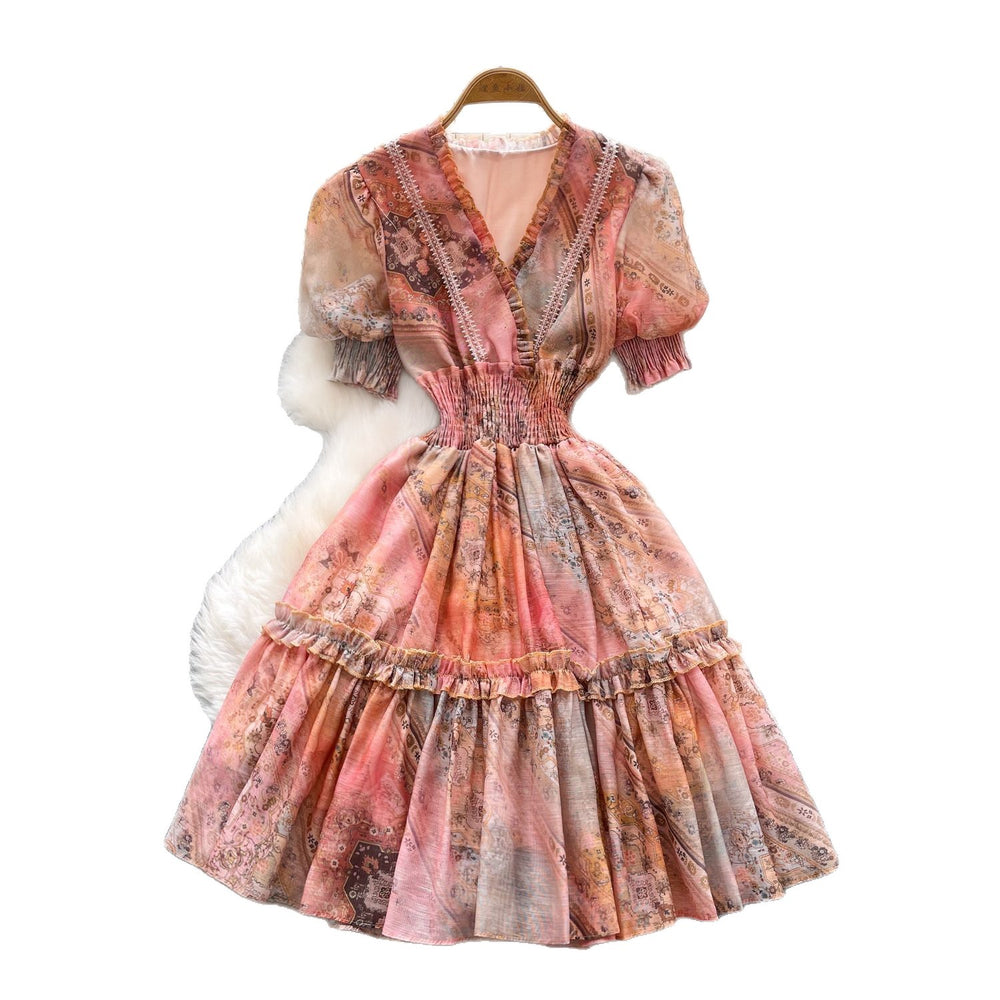 French romantic v-neck lantern sleeve ruffle print dress - women's summer slimming a-line fairy dress