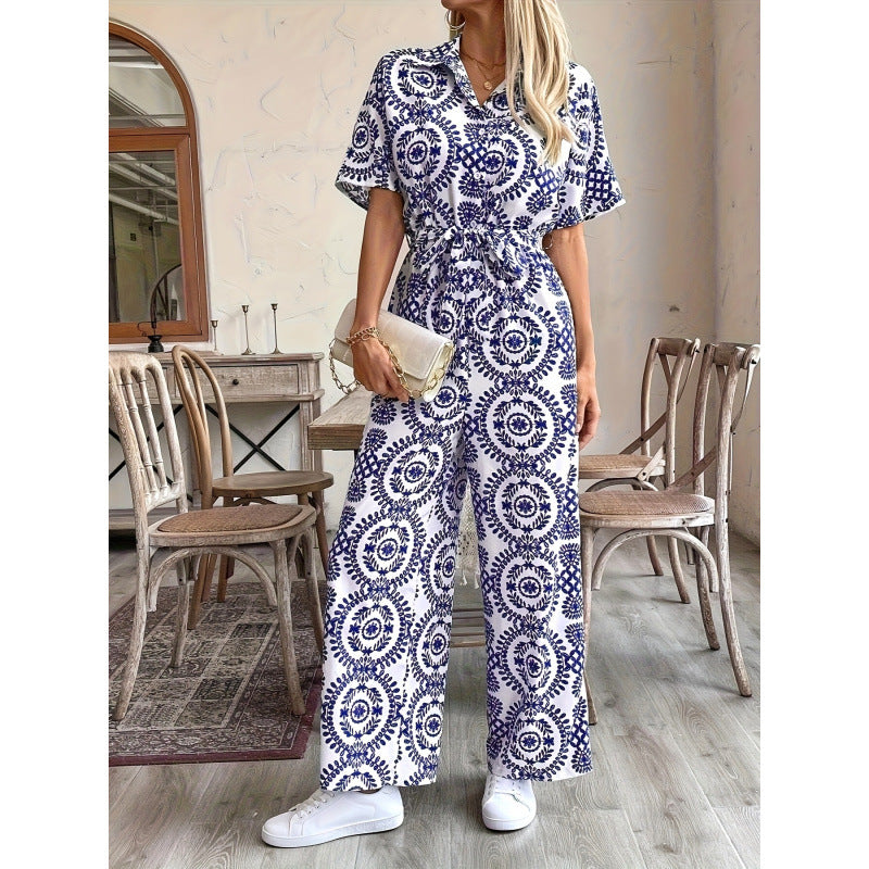 code new arrival  original women's elegance ethnic style lapel printing short-sleeved jumpsuit