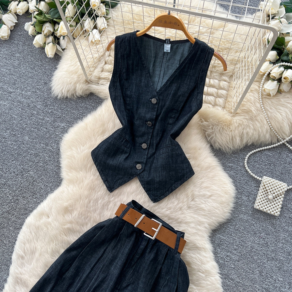 European and american retro denim chic two-piece set for women: sleeveless vest & high-waisted pants - slim fit, summer style