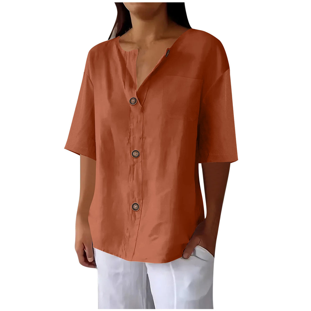 cross-border fashion summer new loose t-shirt women's v neck cotton and linen button tops