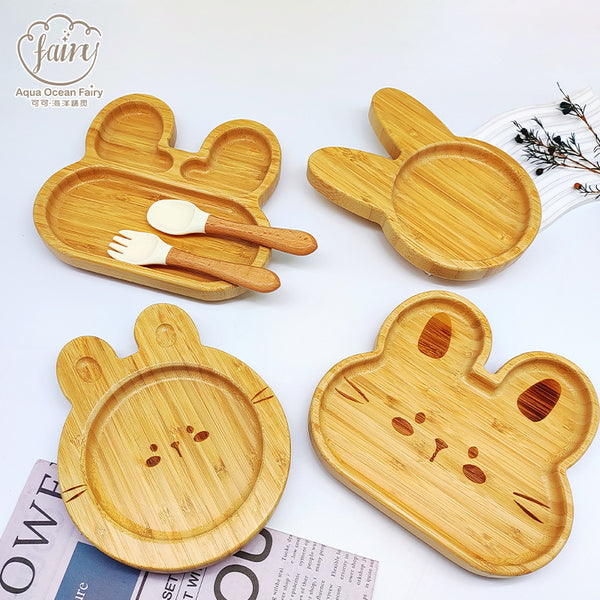 's new bamboo and wood dinner plate baby complementary food dinner plate cartoon saliva pocket suction cup bamboo and wood children's tableware set