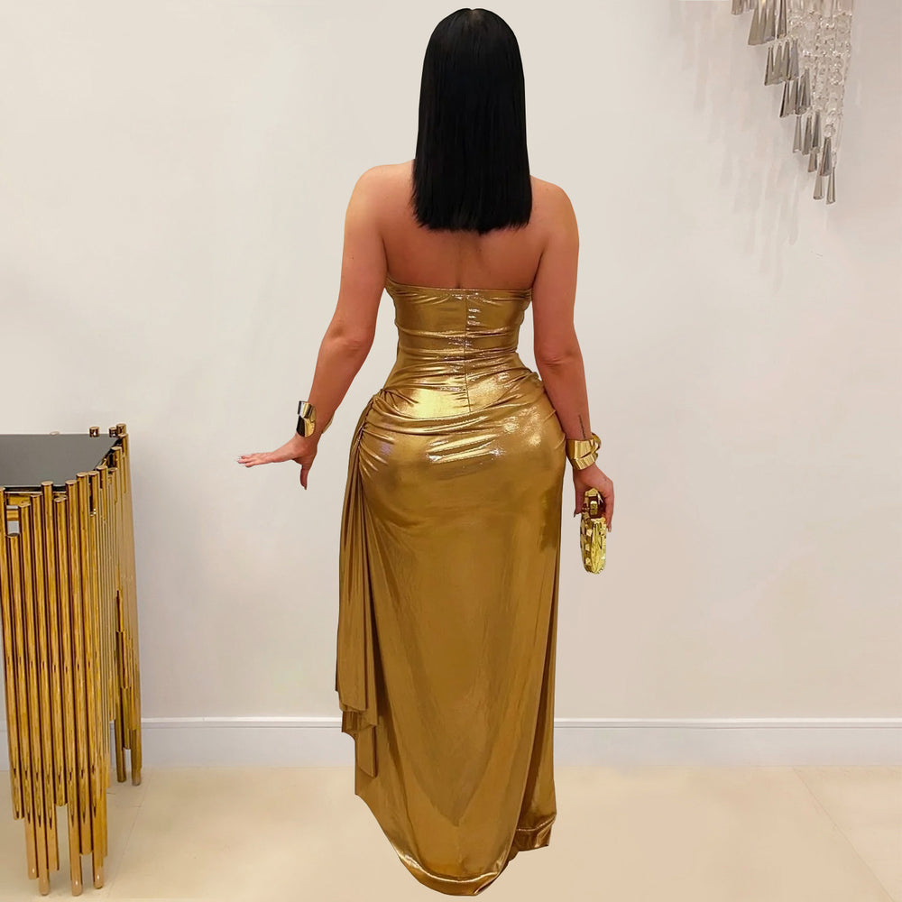 C7491 cross-border   fashion women's sexy halter gold chain ruched sleeveless dress