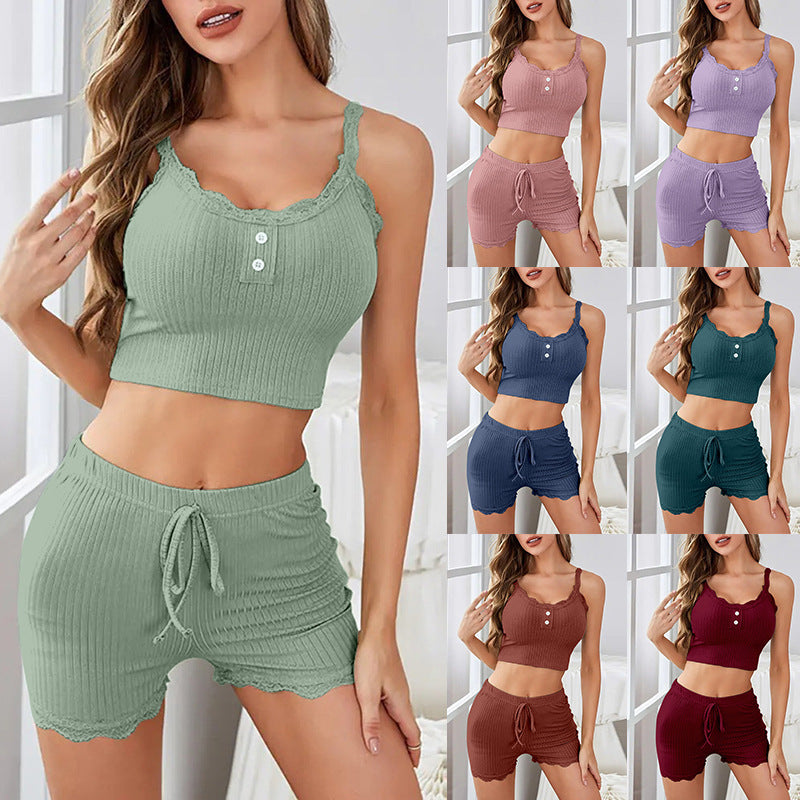 European and american fashion women's loungewear casual pajamas lace trim cami shorts sexy hot girl outfit