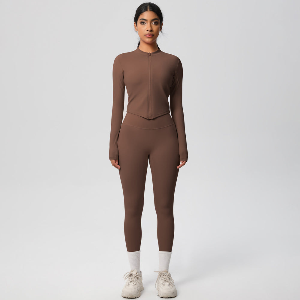 European and american quick-dry seamless zip-up workout set: high-waisted, butt-lifting yoga pants for women, perfect for outdoor running and fitness