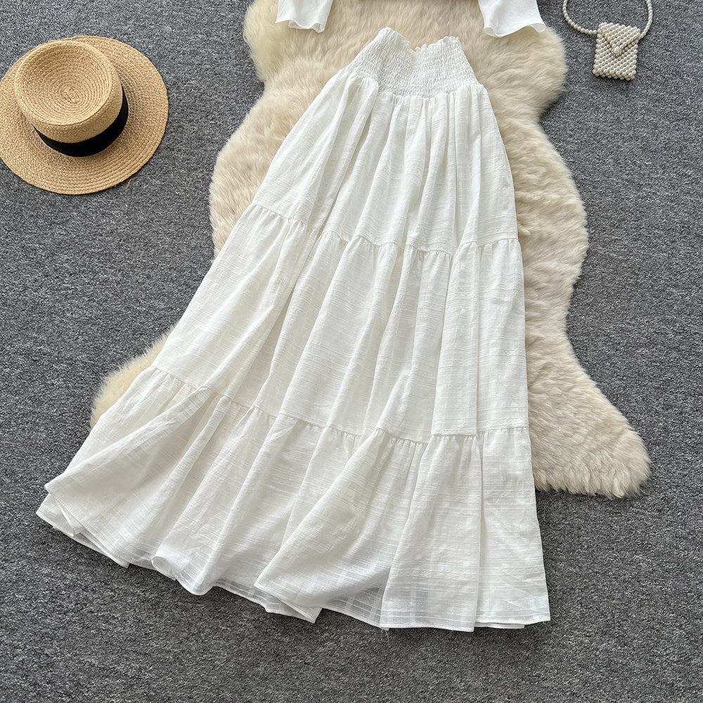 French romantic white square neck puff sleeve top and high-waisted tiered skirt two-piece set - summer vacation style