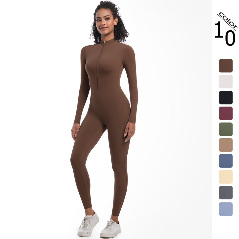 New arrival cross-border fashion half-open zipper tight pure color high elastic long yoga wear fitness running sports jumpsuit