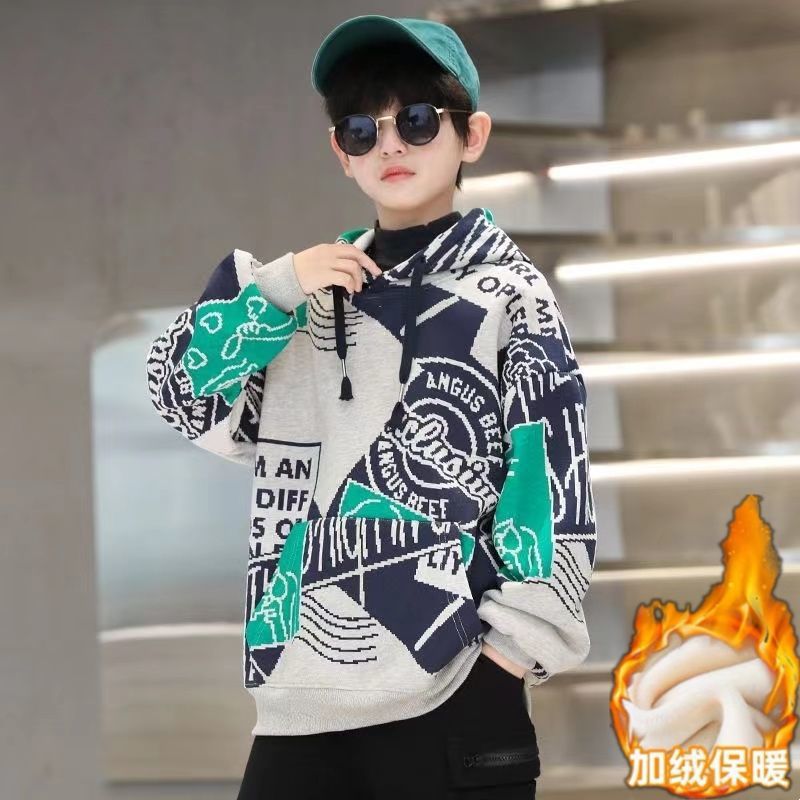Boys' hooded sweatshirt - spring/autumn style,  new collection, mid-to-large children's autumn/winter collection, boys' autumn apparel, fleece-lined top, trendy brand