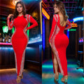 C7090 cross-border   independent station fashionfashion women's long sleeves backless slit dress